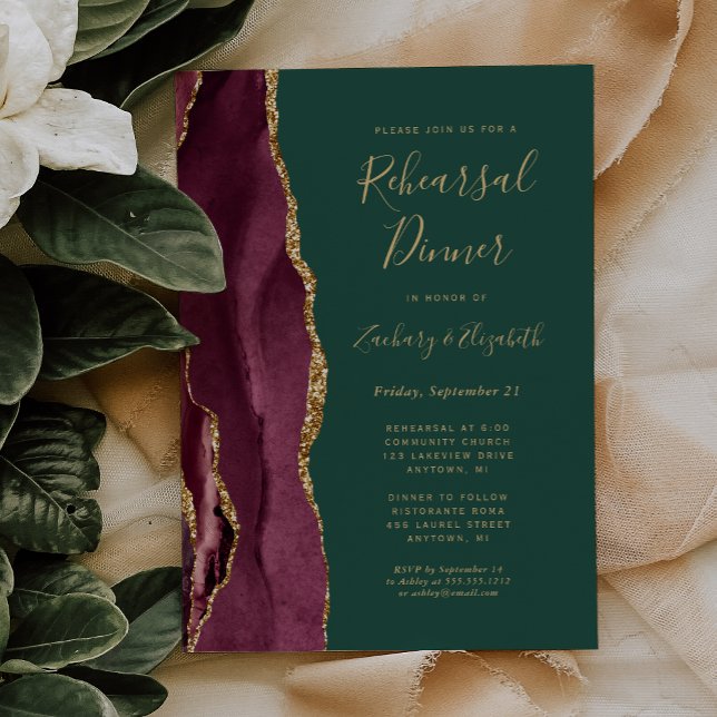  Burgundy Agate Green Wedding Rehearsal Dinner Invitation (Creator Uploaded)