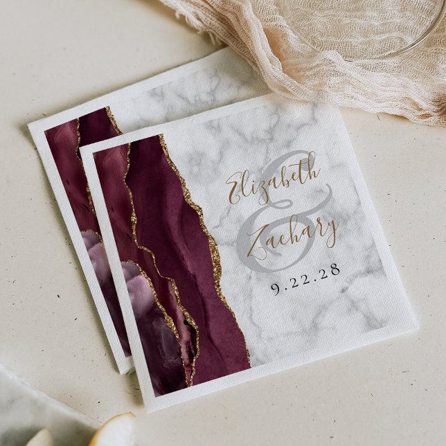 Burgundy Agate Marble Gold Script Wedding Napkin (Creator Uploaded)