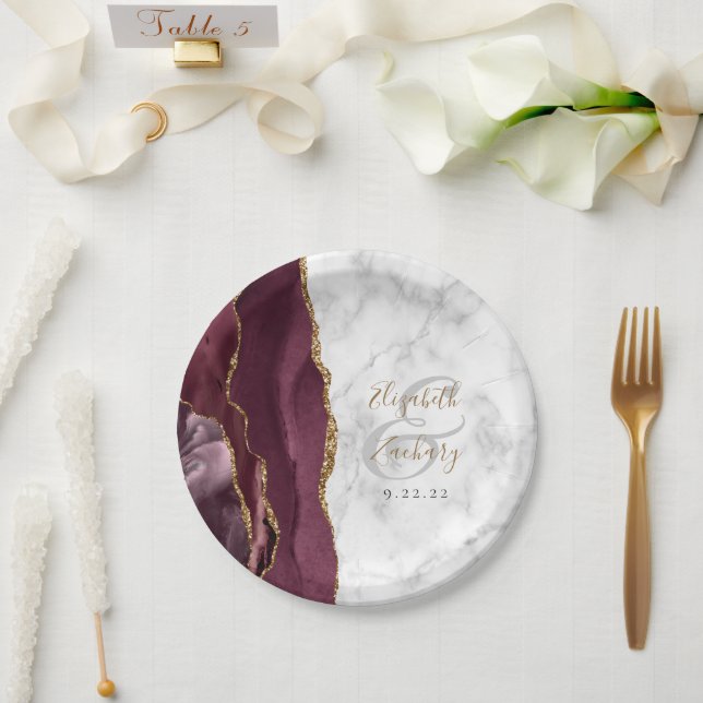 Burgundy Agate Marble Gold Script Wedding Paper Plate (Wedding)