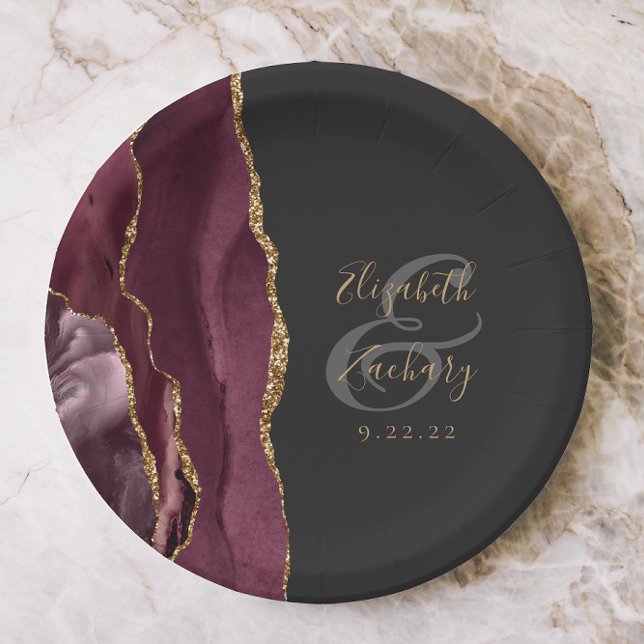 Burgundy Agate Marble Gold Script Wedding Paper Plate (Creator Uploaded)