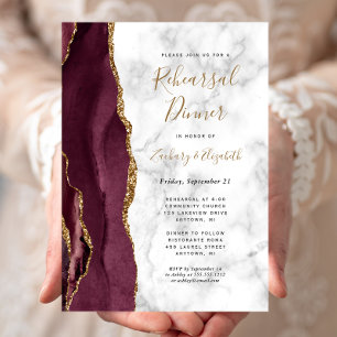  Burgundy Agate Marble Wedding Rehearsal Dinner Invitation