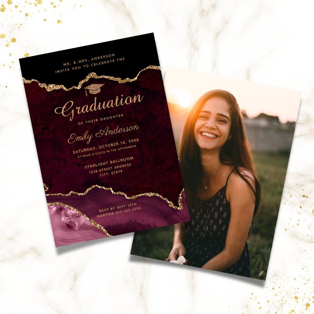 Burgundy Agate Photo Graduation Invitation (Creator Uploaded)