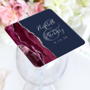 Burgundy Agate Script Silver Navy Blue Wedding Square Paper Coaster