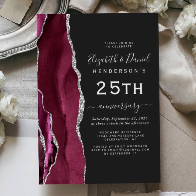 Burgundy Agate Silver Dark 25th Anniversary Invitation (Creator Uploaded)