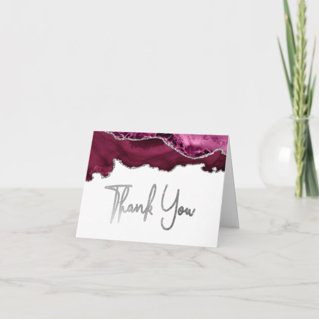 Burgundy Agate Silver Script Thank You Card (Front)