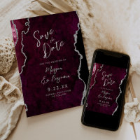 Burgundy Agate Silver Script Wedding Save the Date