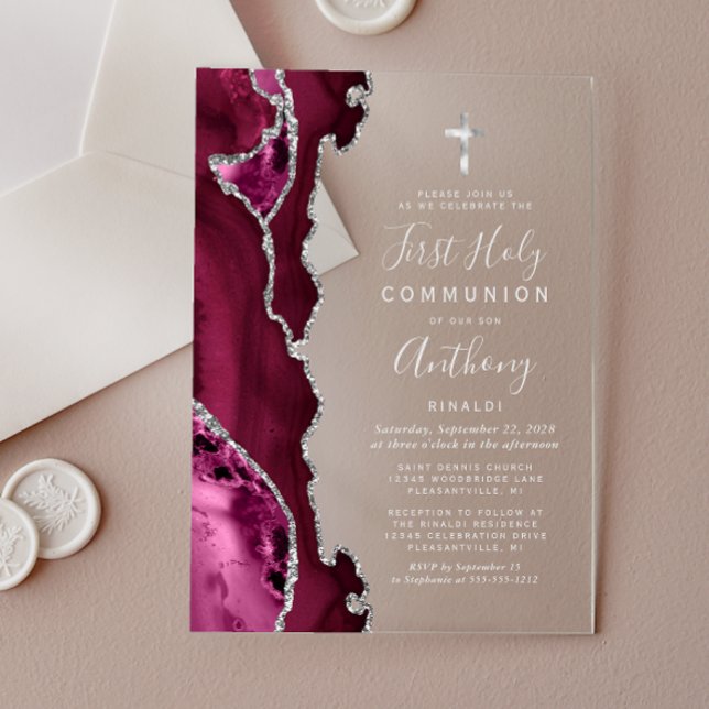 Burgundy Agate Silver Text First Holy Communion Acrylic Invitations (Creator Uploaded)
