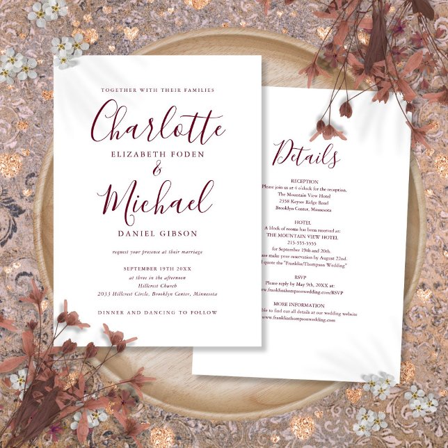 Burgundy All In One Simple Elegant Wedding Invitation (Burgundy All In One Simple Elegant Wedding Invitation)