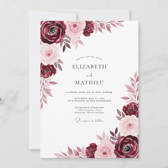 Burgundy Alluring Floral Wedding Invitation (Front)