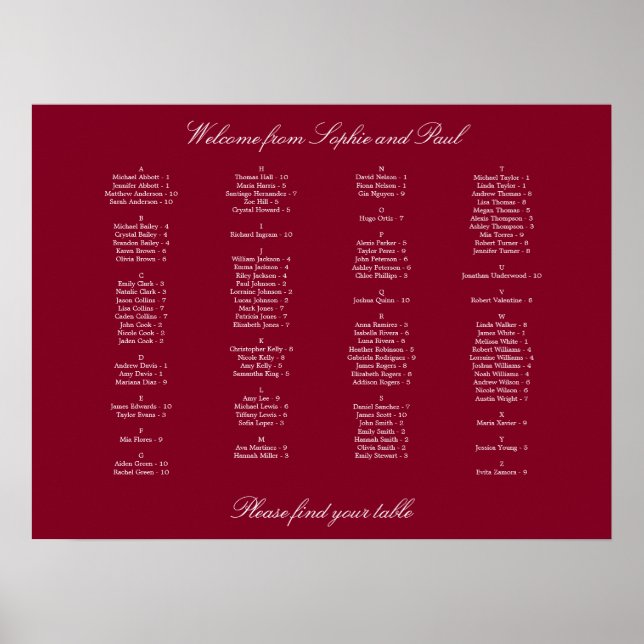 Burgundy Alphabetical Seating Chart Poster (Front)