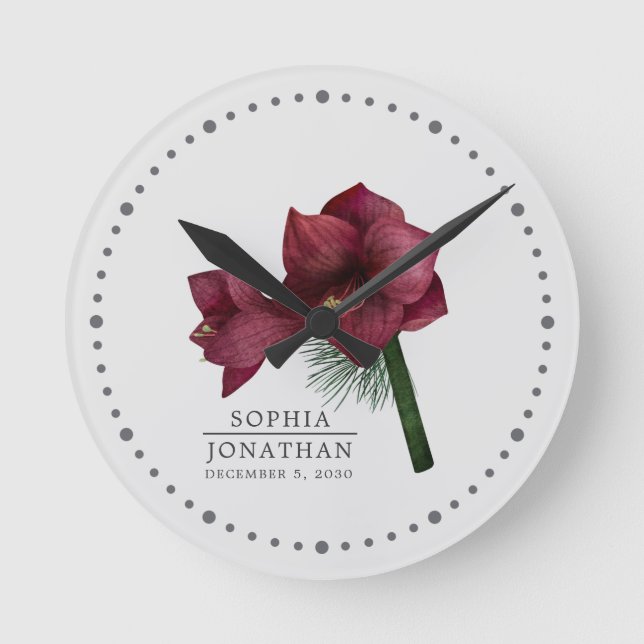 Burgundy Amaryllis Floral Bride Groom Keepsake Round Clock (Front)