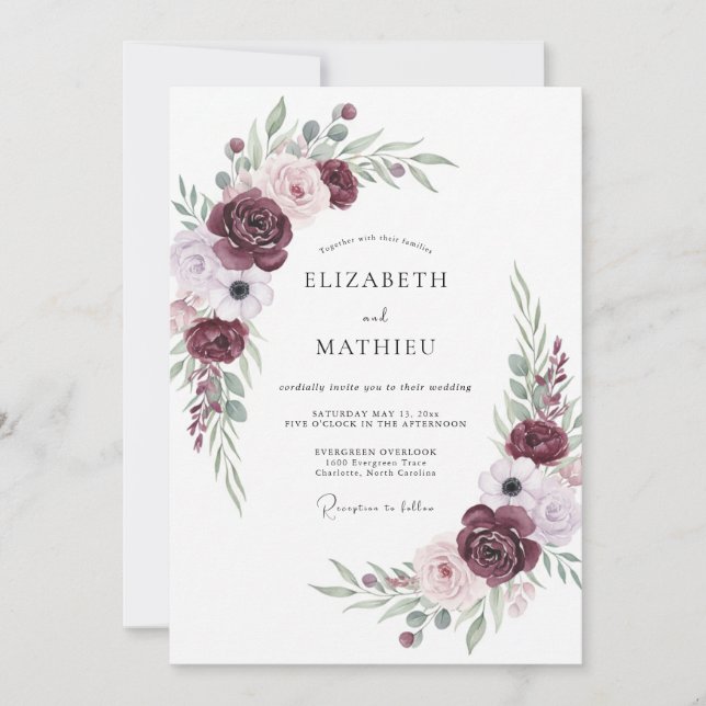 Burgundy Amethyst Bloom Flourish Wedding Invitation (Front)