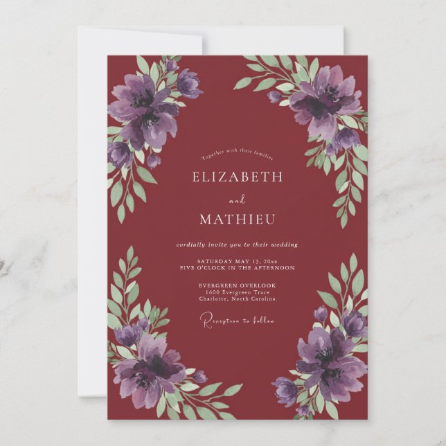 Burgundy Amethyst Peony Wedding Invitation (Front)