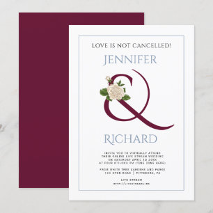 Burgundy ampersand rose dusty blue virtual wedding invitation