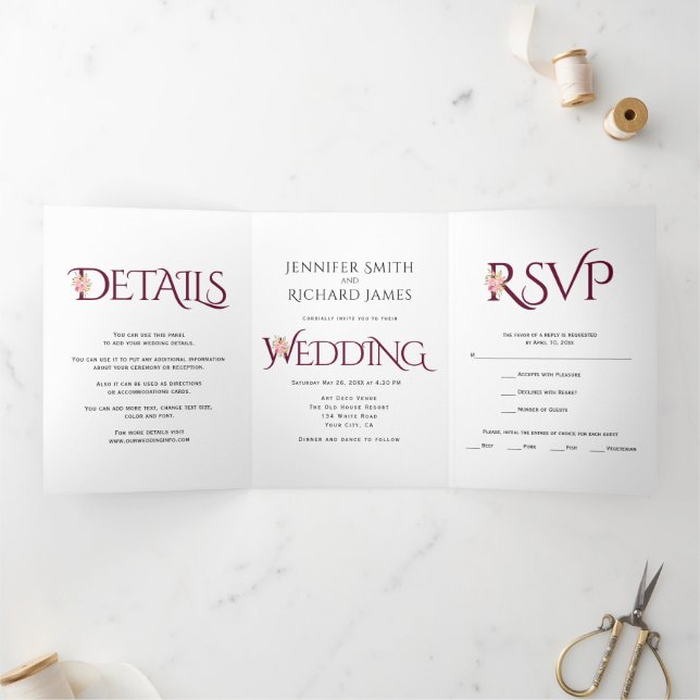 Burgundy ampersand with pink roses wedding Tri-Fold invitation (Inside)
