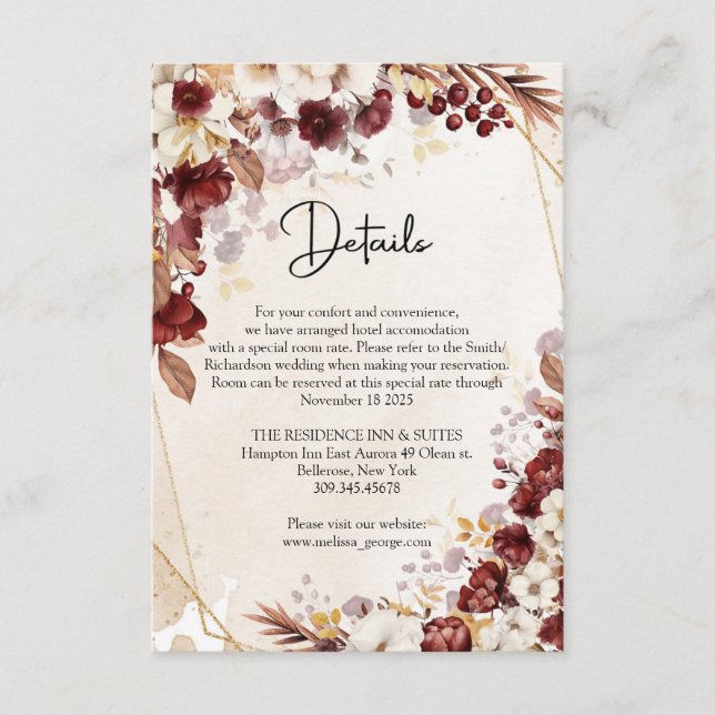 Burgundy and autumn flowers and leaves gold frame enclosure card (Front)