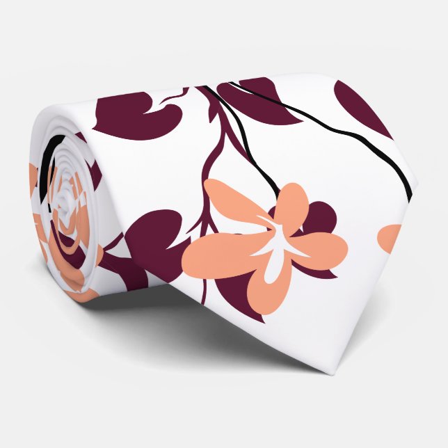Burgundy and black branch and peach flowers tie (Rolled)