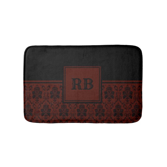 Burgundy and Black Damask Monogram Pattern Bath Mat (Front)