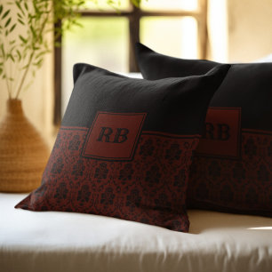 Burgundy and Black Damask Monogram Pattern Throw Pillow