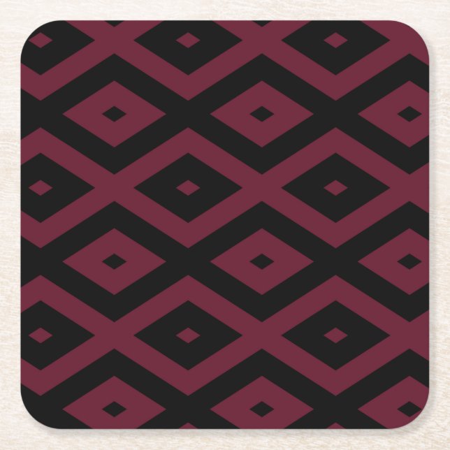 Burgundy and black diamond pattern square paper coaster (Front)