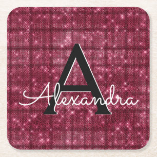 Burgundy and Black Sparkle Monogram Birthday Square Paper Coaster