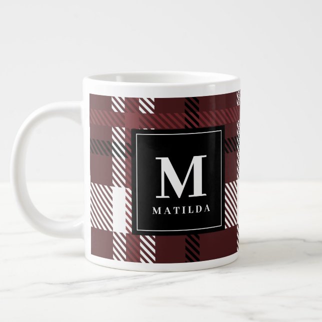Burgundy and black tartan check Christmas Large Coffee Mug (Left)