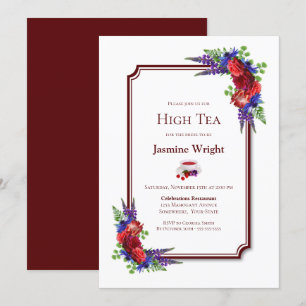 Burgundy and Blue Floral Bridal High Tea Invitation