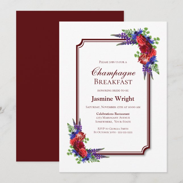 Burgundy and Blue Floral Champagne Breakfast Invitation (Front/Back)