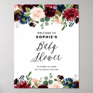 Burgundy and Blue Floral Garland Baby Shower Poster