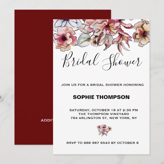 Burgundy and Blue Floral Garland BRIDAL SHOWER Invitation (Front/Back)