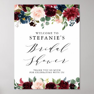 Burgundy and Blue Floral Garland Bridal Shower Poster