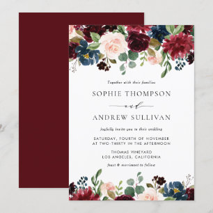 Burgundy and Blue Floral Garland Wedding Invitation