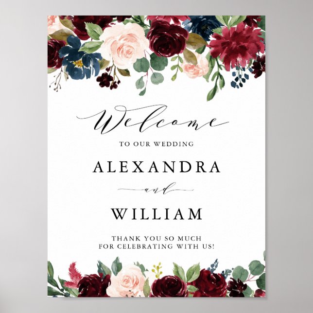 Burgundy and Blue Floral Garland Wedding Welcome Poster (Front)