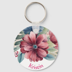 Burgundy and Blue Floral Keychain