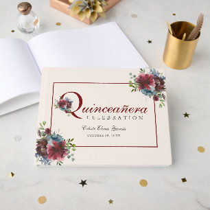 Burgundy and Blue Floral Quinceanera Birthday Guest Book