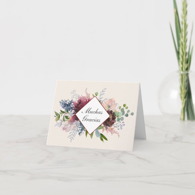 Burgundy and Blue Floral Thank You in Spanish Card (Front)