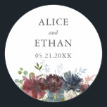 Burgundy and Blue Floral Wedding Classic Round Sticker<br><div class="desc">Burgundy and blue watercolor floral arragement.</div>