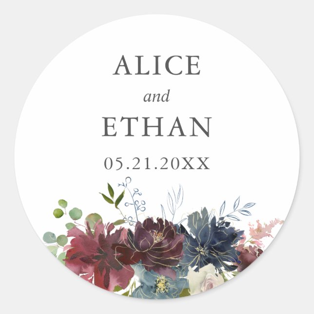 Burgundy and Blue Floral Wedding Classic Round Sticker (Front)