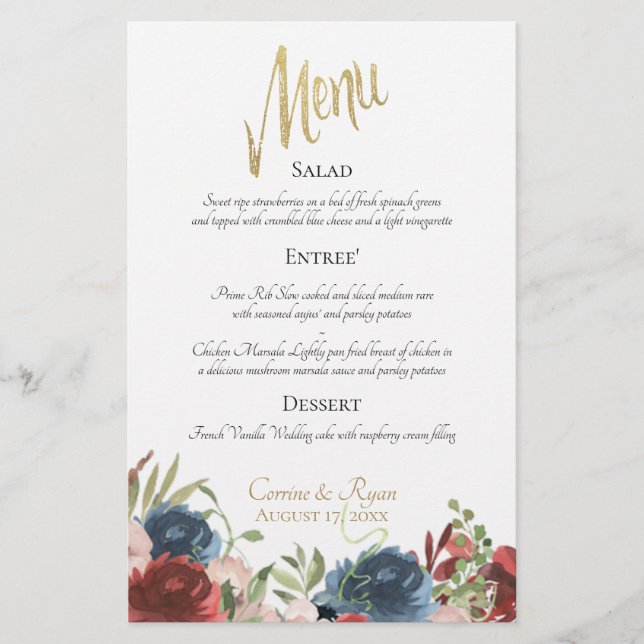 Burgundy and Blue Floral Wedding Dinner Menu (Front)
