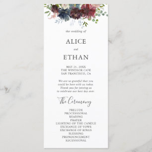 Burgundy and Blue Floral Wedding Program