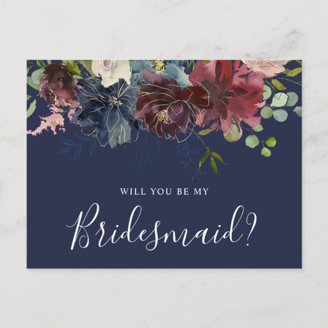 Burgundy and Blue Floral Will You Be My Bridesmaid Invitation Postcard (Front)
