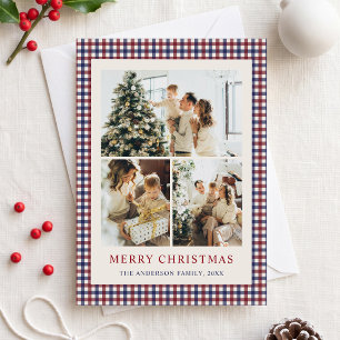 Burgundy and Blue Gingham Christmas Photo Collage Holiday Card