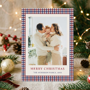Burgundy and Blue Gingham Christmas Photo Holiday Card