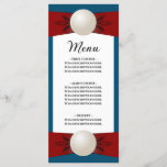 Burgundy and Blue Pearl Ribbon Wedding Flat Menu<br><div class="desc">Add an elegant touch to your wedding tables with these custom flat menu cards. This tall menu features a charming pearl and lilac purple ribbon design on a serene sage green background. Although this menu card would be a wonderful touch to any season, the deep red and navy blue colours...</div>