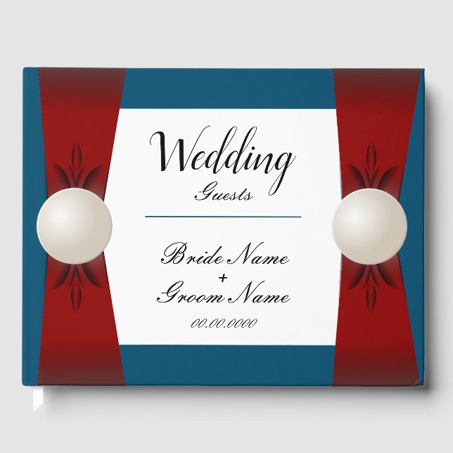 Burgundy and Blue Pearl Ribbon Wedding Guest Book (Front)
