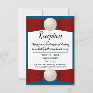 Burgundy and Blue Pearl Ribbon Wedding Reception Invitation