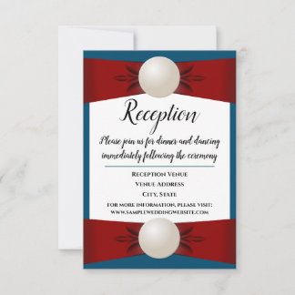 Burgundy and Blue Pearl Ribbon Wedding Reception Invitation