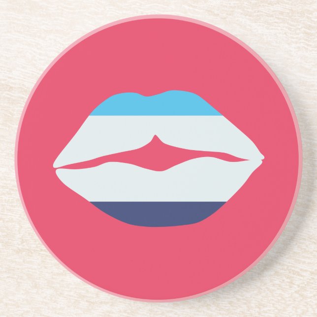 Burgundy And Blue Striped Lips Coaster (Front)