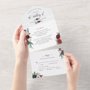 Burgundy and Blue Wedding w/ Perforated RSVP All In One Invitation