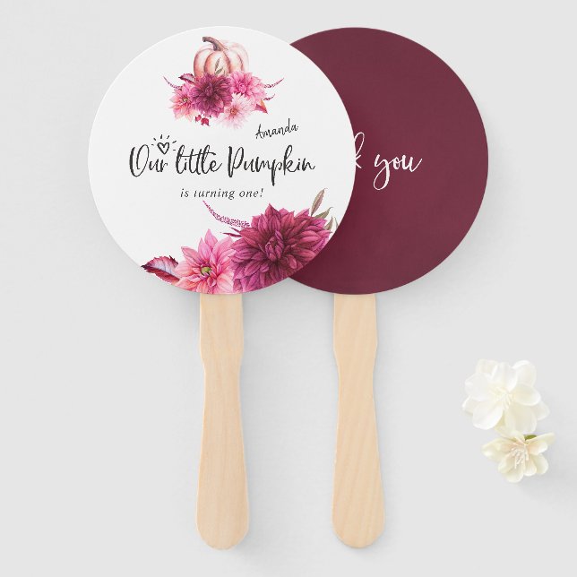 Burgundy and Blush Autumn Fall Pumpkin Birthday Hand Fan (Front and Back)